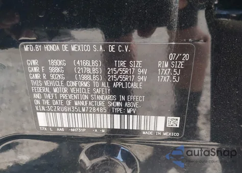 2020 Honda Hr-V Awd Lx from USA, damaged, VIN 3CZRU6H35LM728485